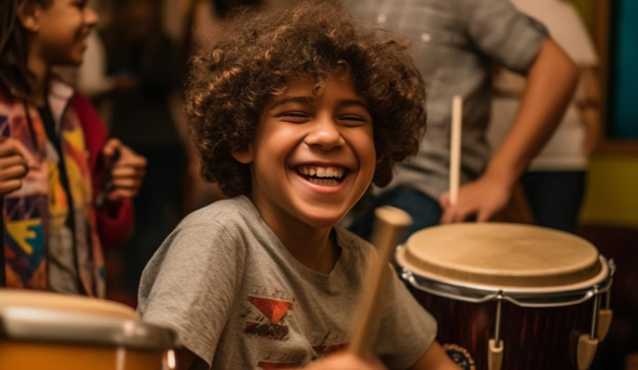 Young children making music together in a Mini Rockers session